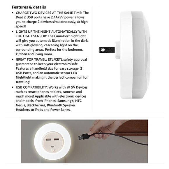 NIB CYLO LUMI-PORT LIGHT & DUAL USB CHARGER; Plug-In Light Sensor; Night Light - Picture 8 of 10